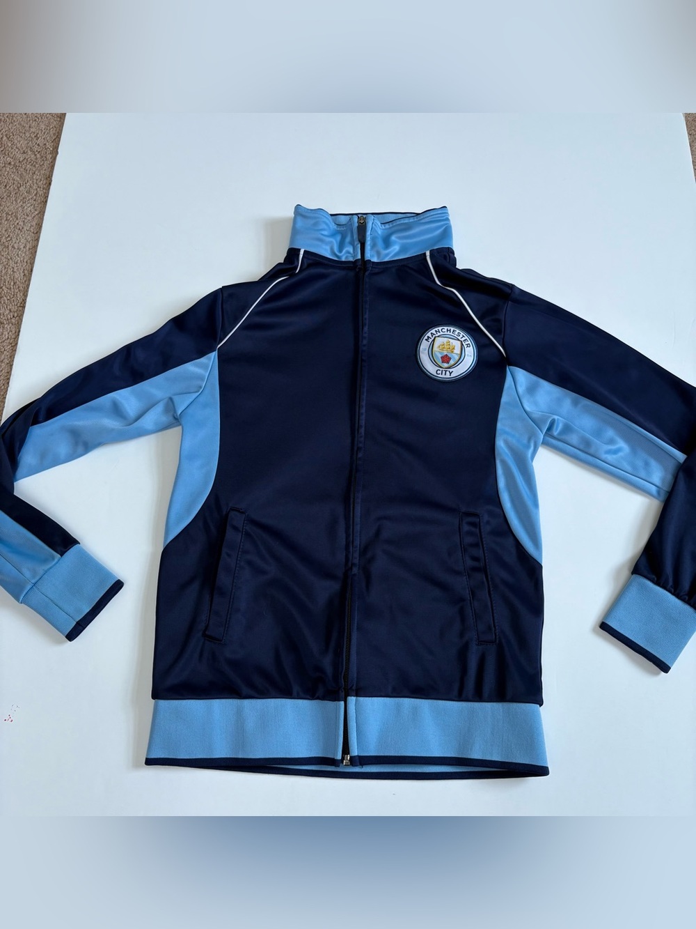 Manchester City Soccer Full Zip Track Jacket Boys Size Medium 10-12 Flaws*